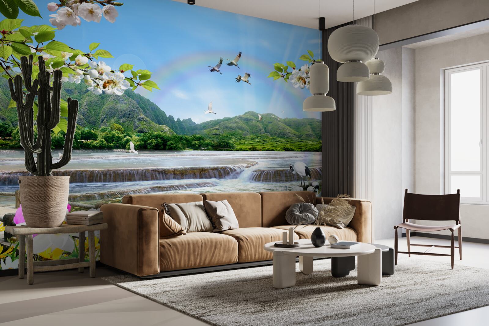 Fototapeta leśny wodospad i jezioro pod kolorową tęczą