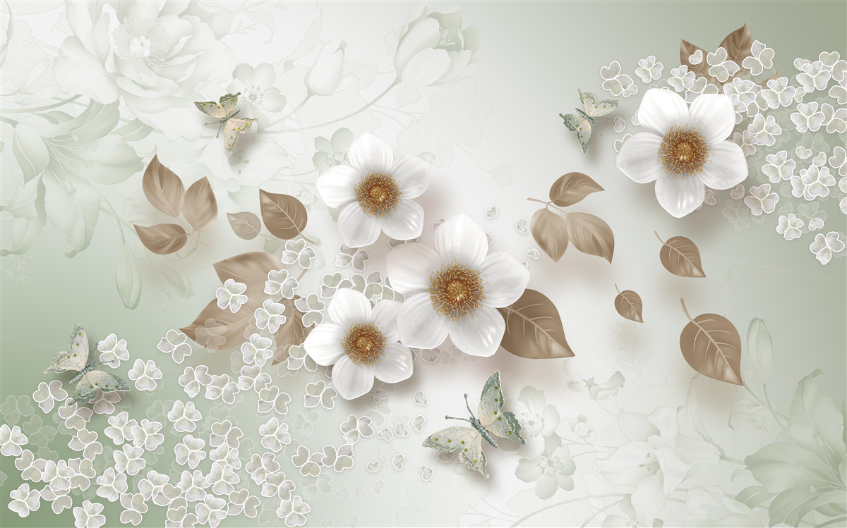 Fototapeta białe kwiaty z dużymi pąkami i motylami