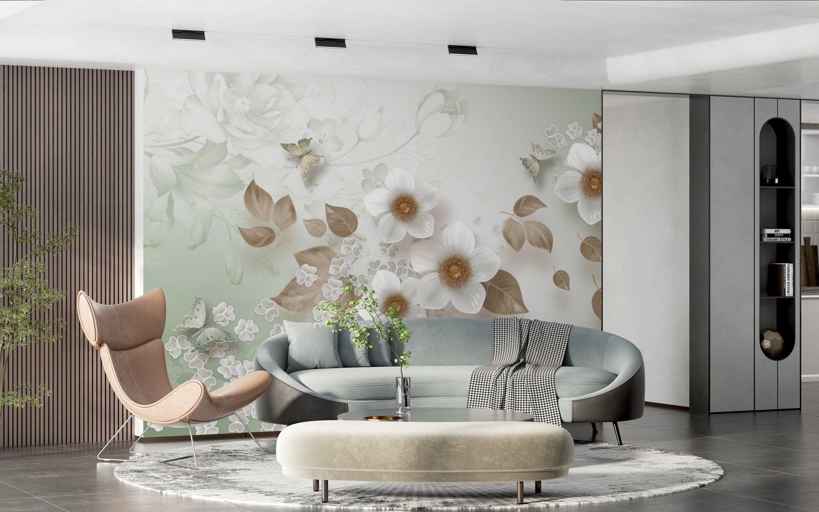 Fototapeta białe kwiaty z dużymi pąkami i motylami