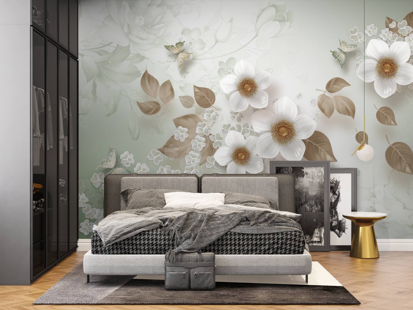 Fototapeta białe kwiaty z dużymi pąkami i motylami