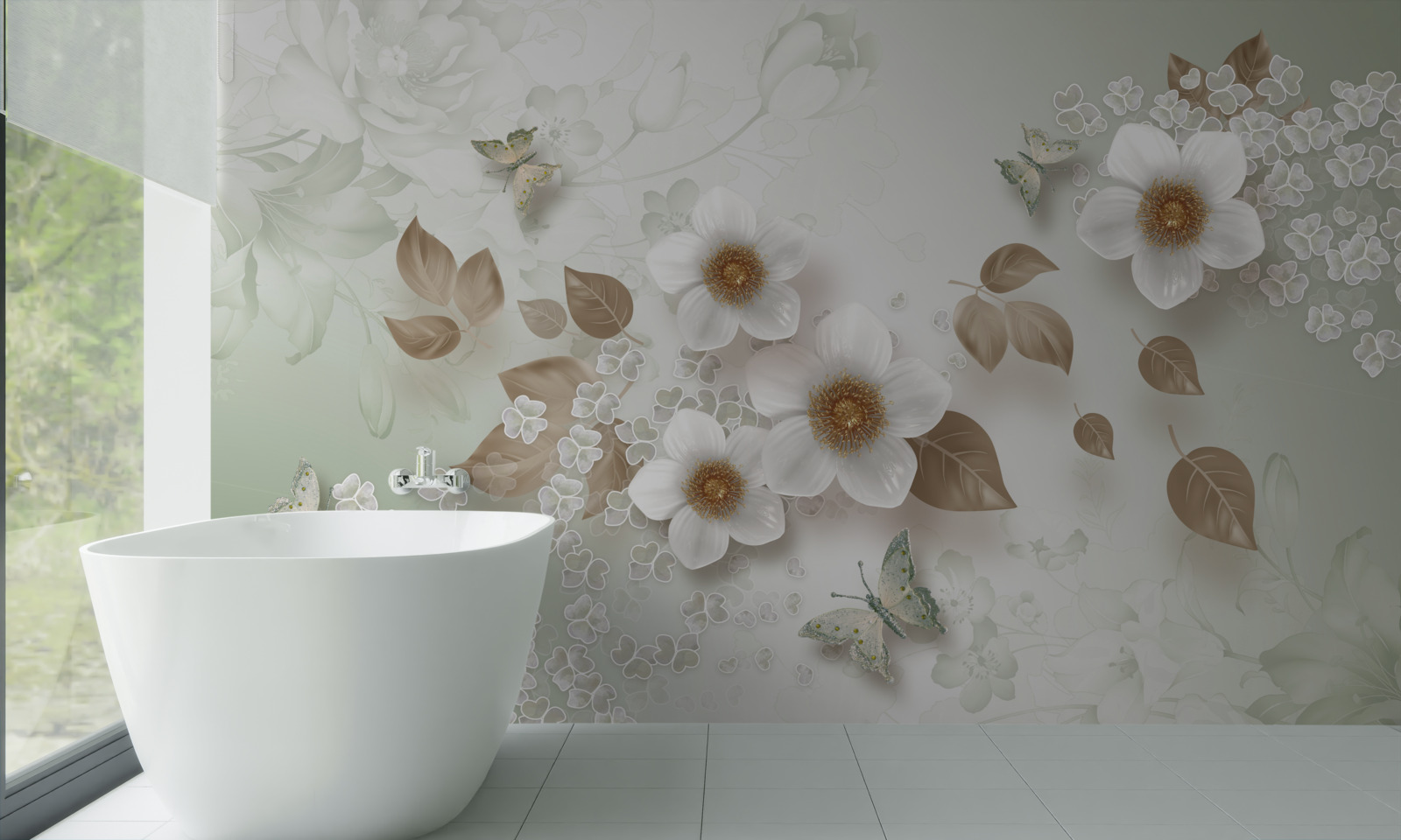 Fototapeta białe kwiaty z dużymi pąkami i motylami