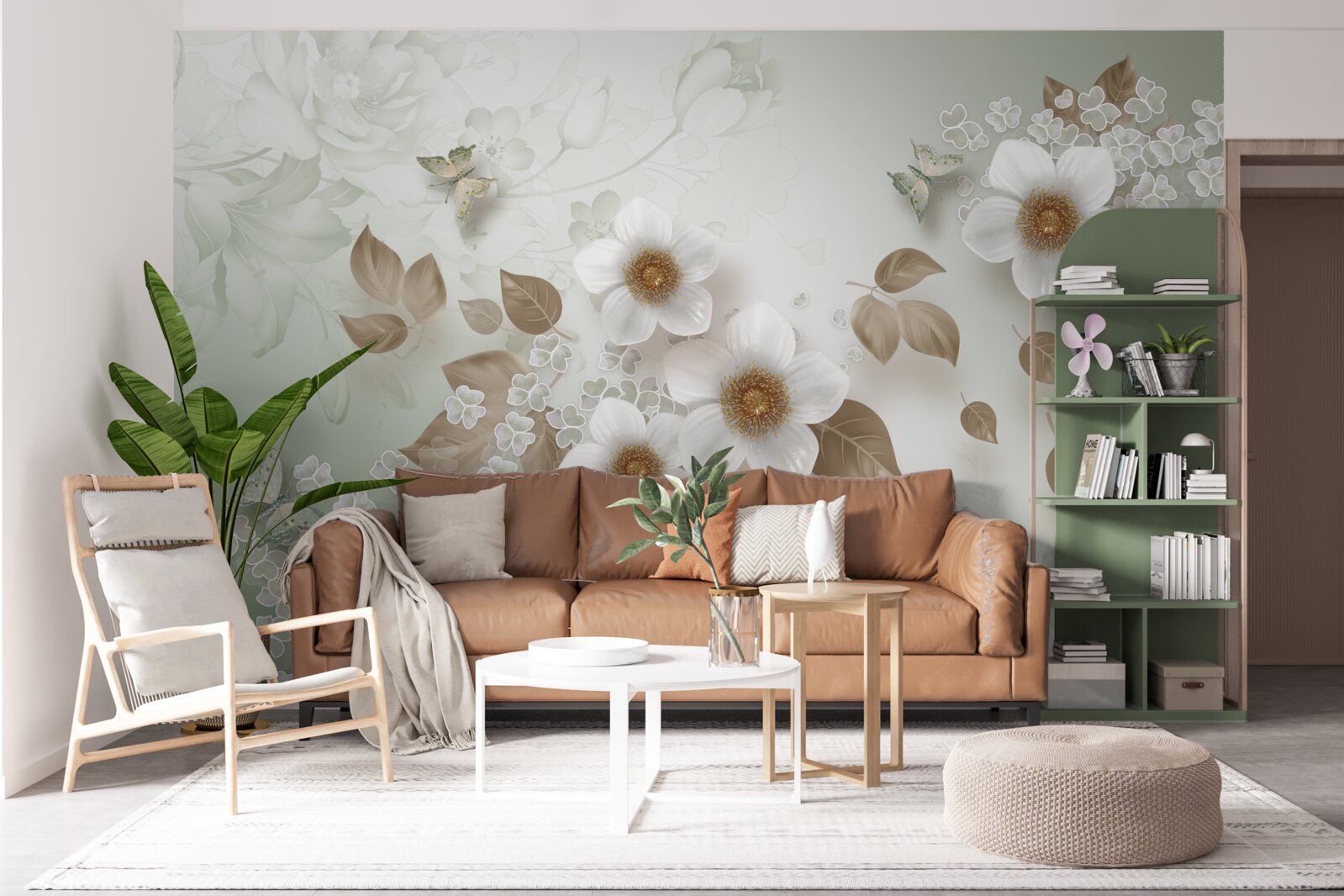 Fototapeta białe kwiaty z dużymi pąkami i motylami