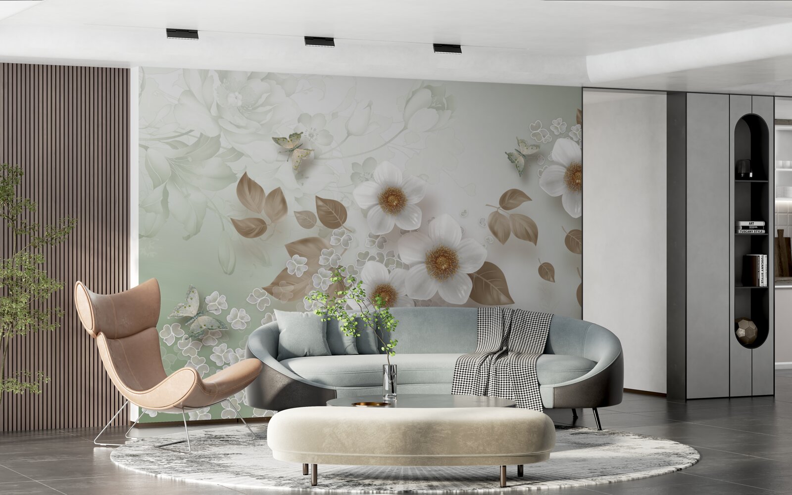 Fototapeta białe kwiaty z dużymi pąkami i motylami