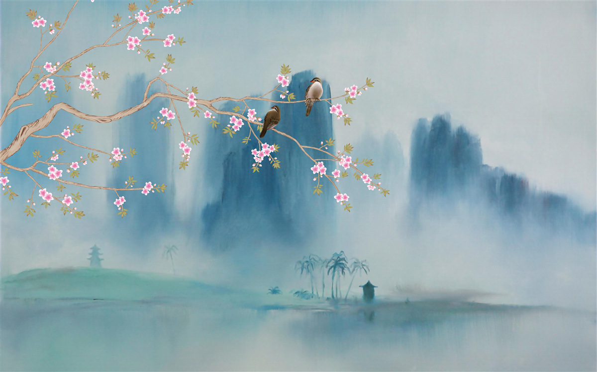 Fototapeta kwiaty wiśni rozgałęziają się nad jeziorem pokrytym mgłą