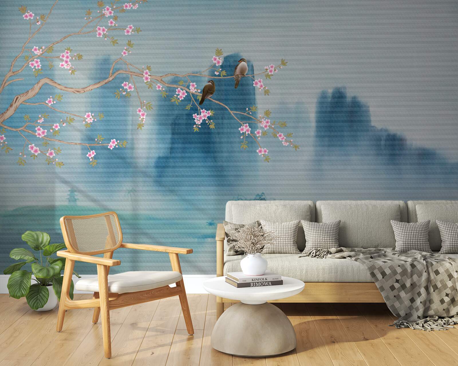 Fototapeta kwiaty wiśni rozgałęziają się nad jeziorem pokrytym mgłą