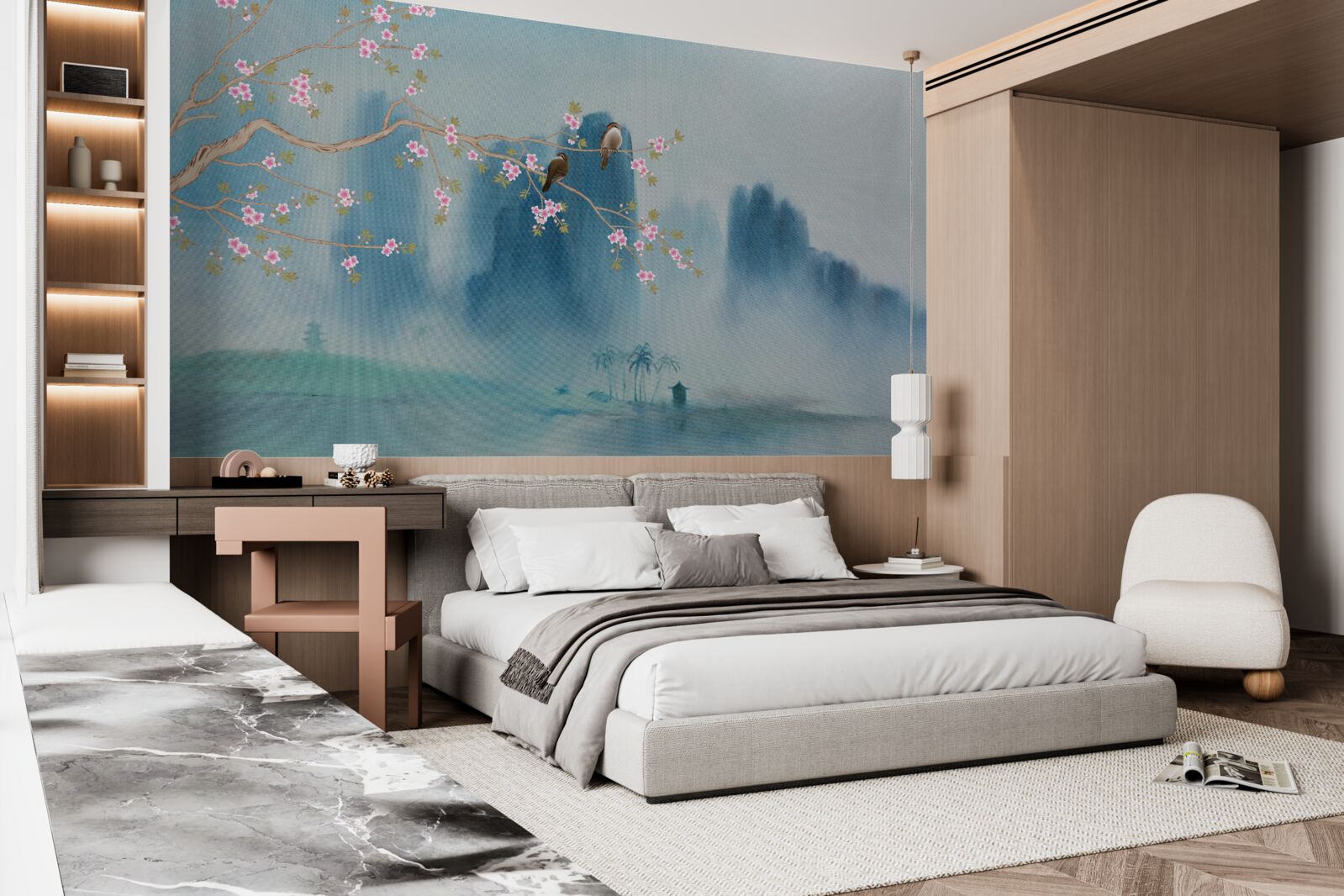 Fototapeta kwiaty wiśni rozgałęziają się nad jeziorem pokrytym mgłą