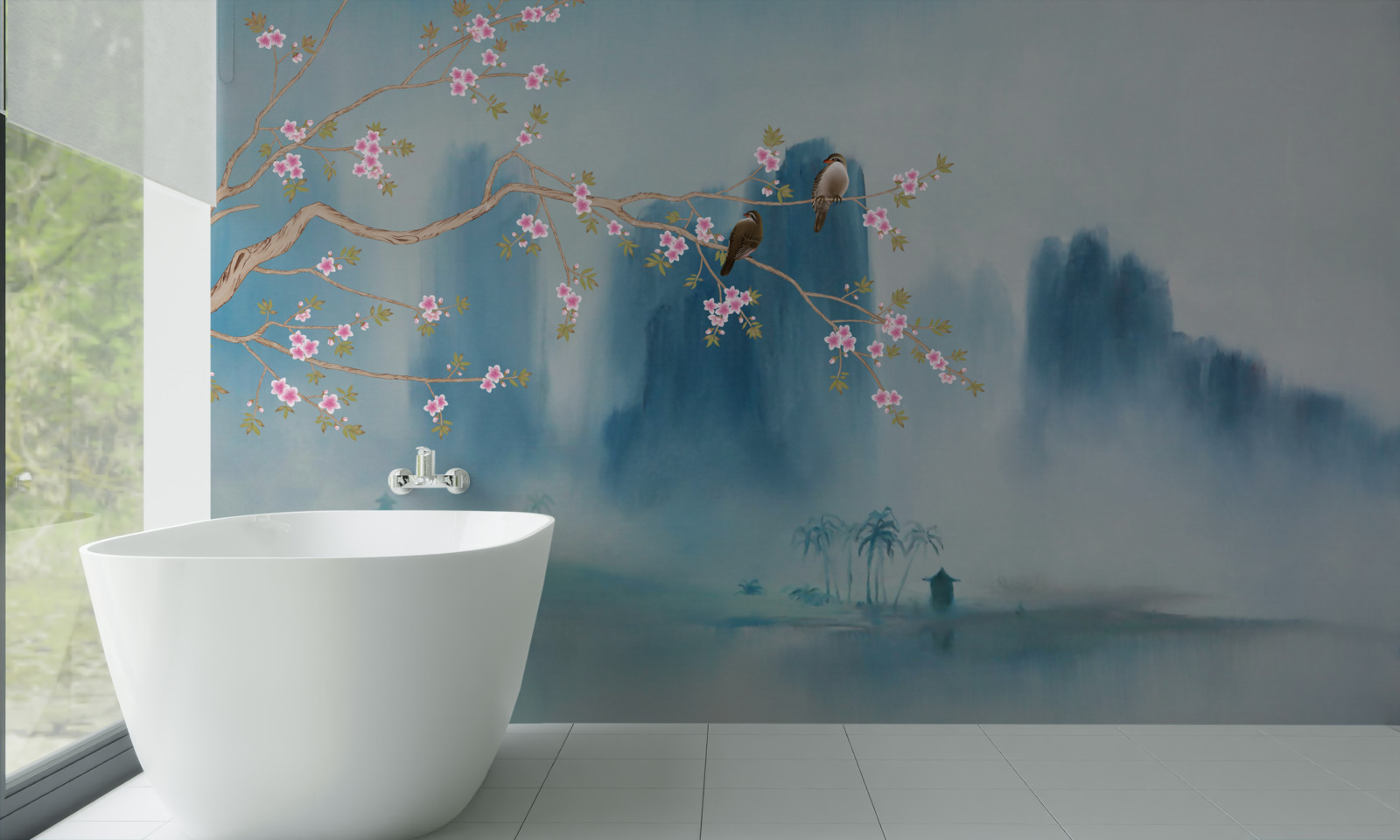 Fototapeta kwiaty wiśni rozgałęziają się nad jeziorem pokrytym mgłą