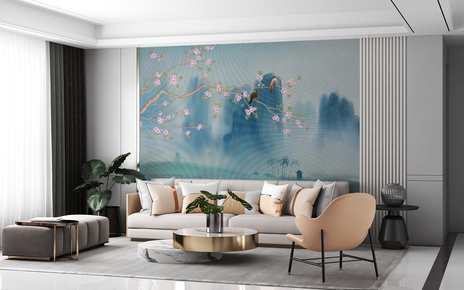 Fototapeta kwiaty wiśni rozgałęziają się nad jeziorem pokrytym mgłą