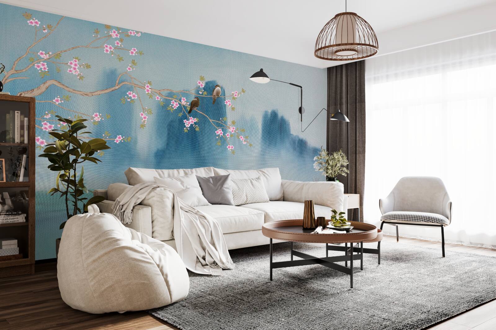 Fototapeta kwiaty wiśni rozgałęziają się nad jeziorem pokrytym mgłą