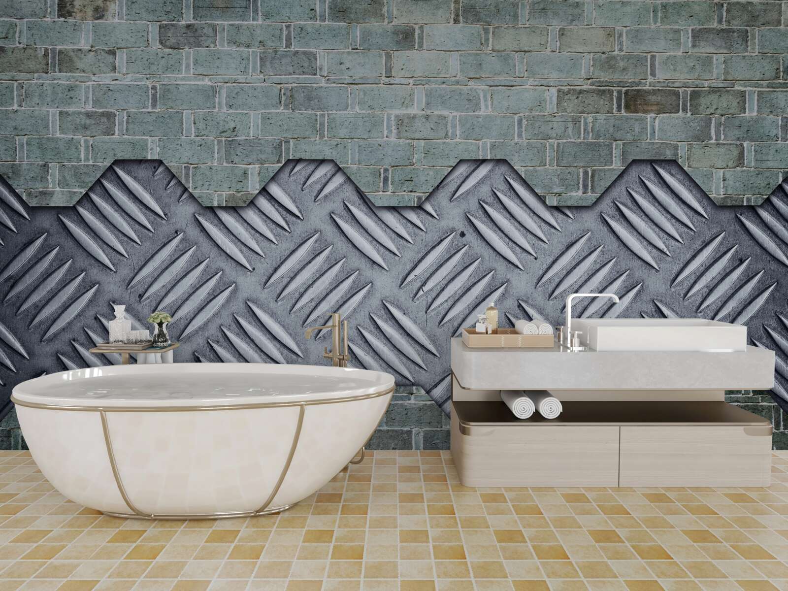 Fototapeta ściana ceglana z blachą aluminiową