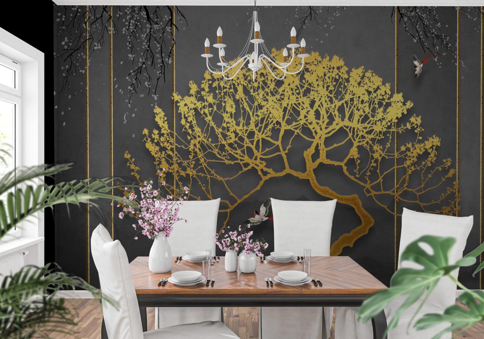 Fototapeta sylwetka drzewka bonsai błyszcząca złotem