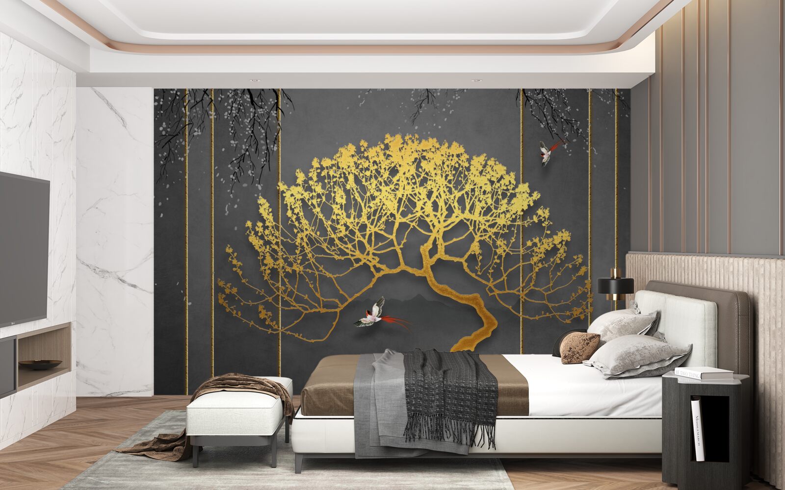 Fototapeta sylwetka drzewka bonsai błyszcząca złotem