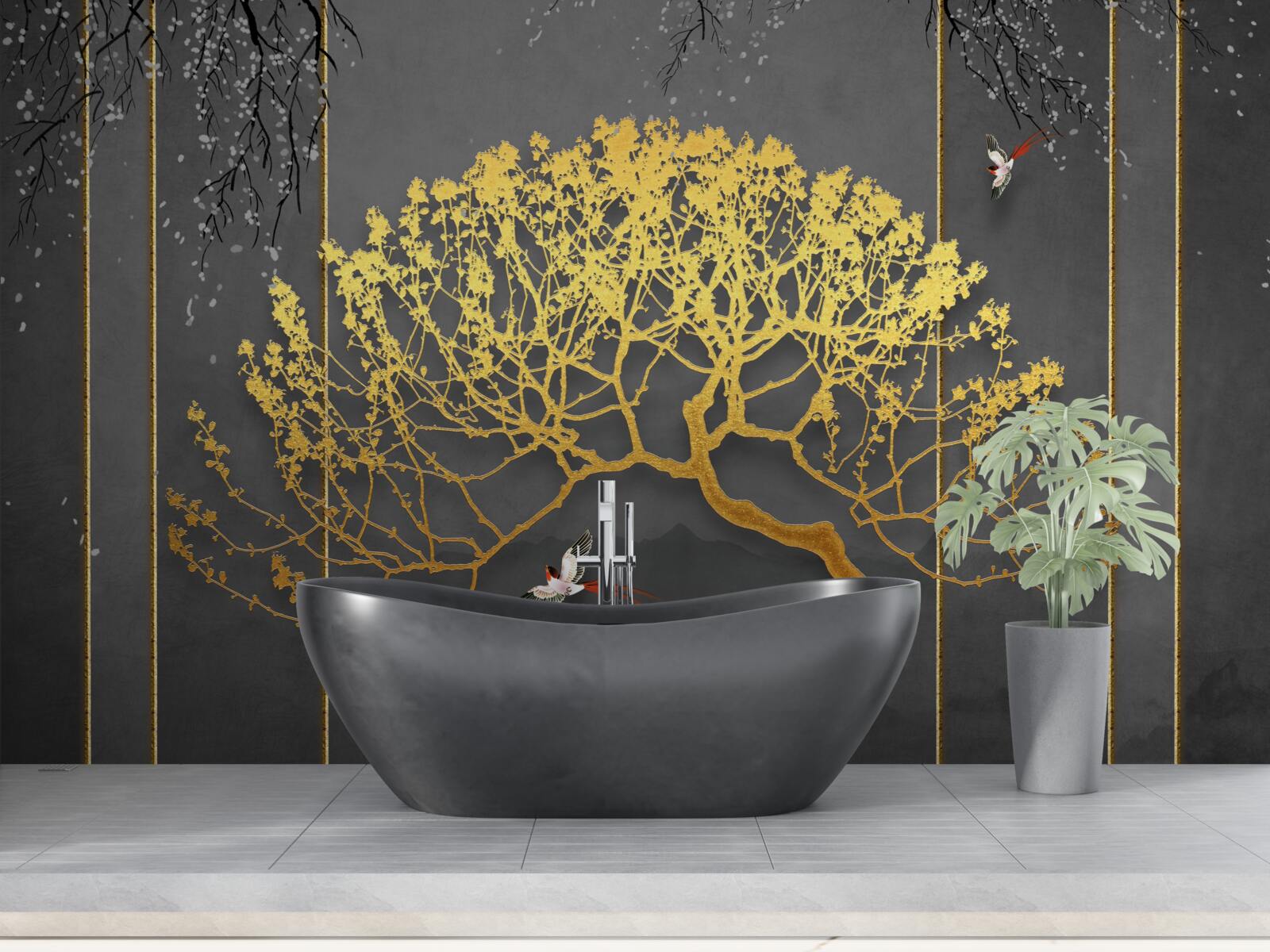 Fototapeta sylwetka drzewka bonsai błyszcząca złotem