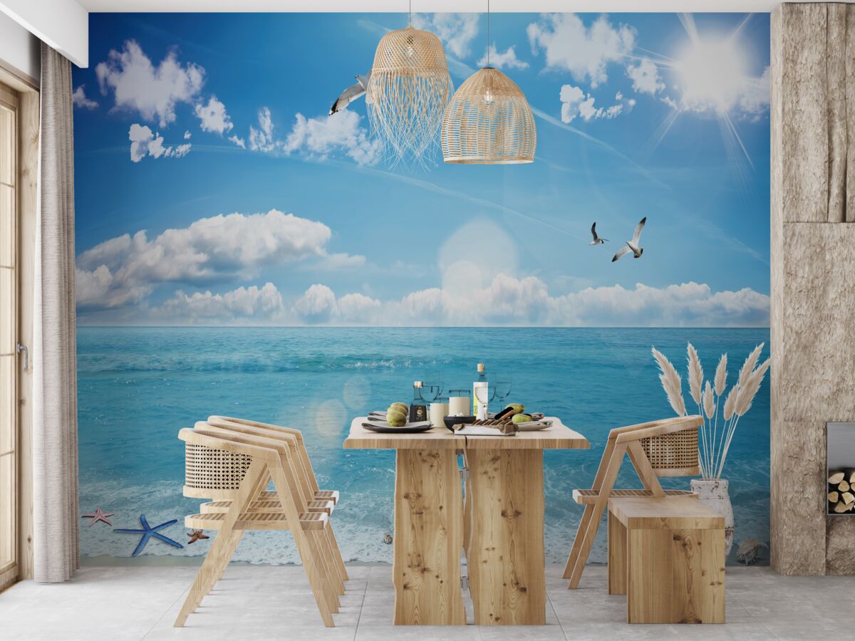 Fototapeta mewy nad błękitnymi falami