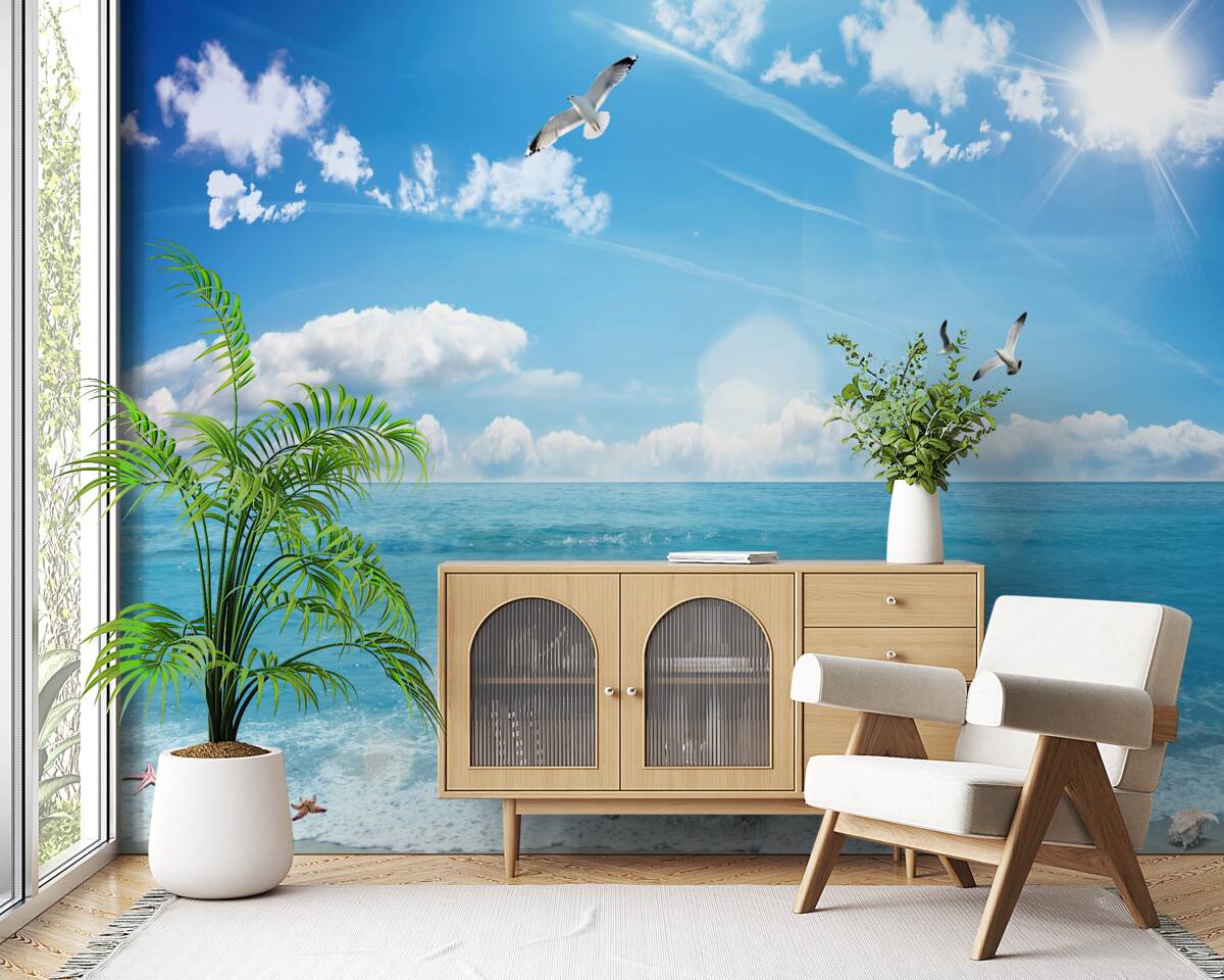 Fototapeta mewy nad błękitnymi falami