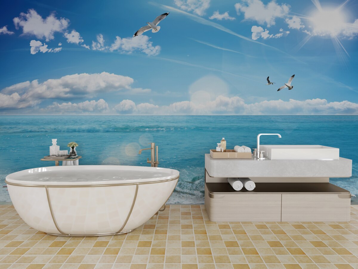 Fototapeta mewy nad błękitnymi falami