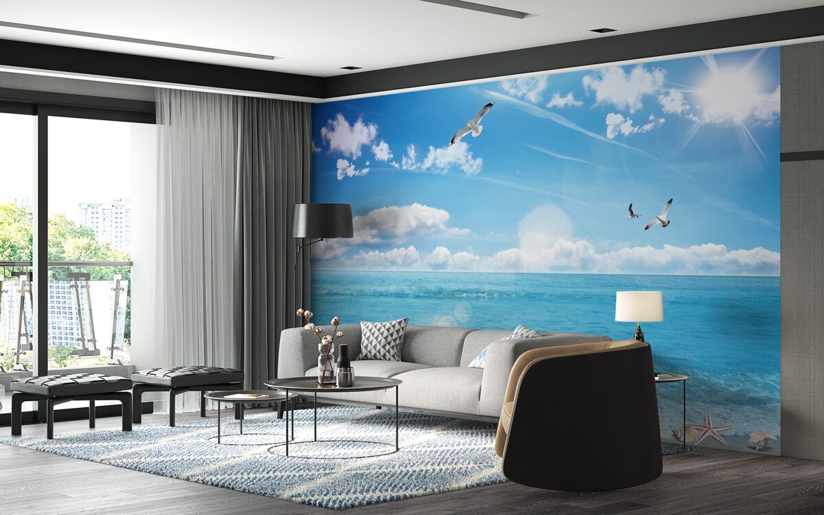 Fototapeta mewy nad błękitnymi falami