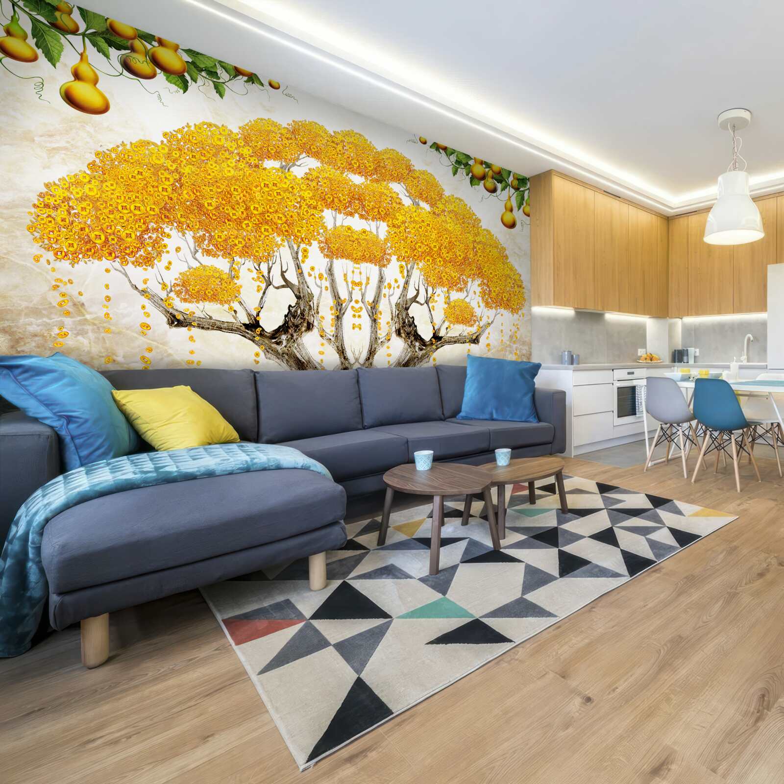 Fototapeta o zachodzie słońca drzewo z żółtą koroną