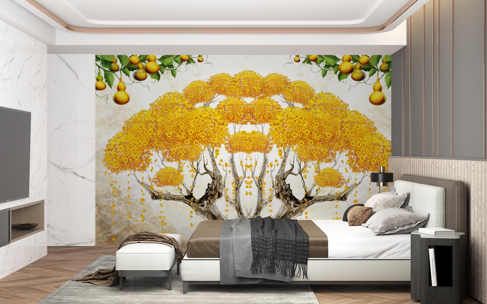 Fototapeta o zachodzie słońca drzewo z żółtą koroną