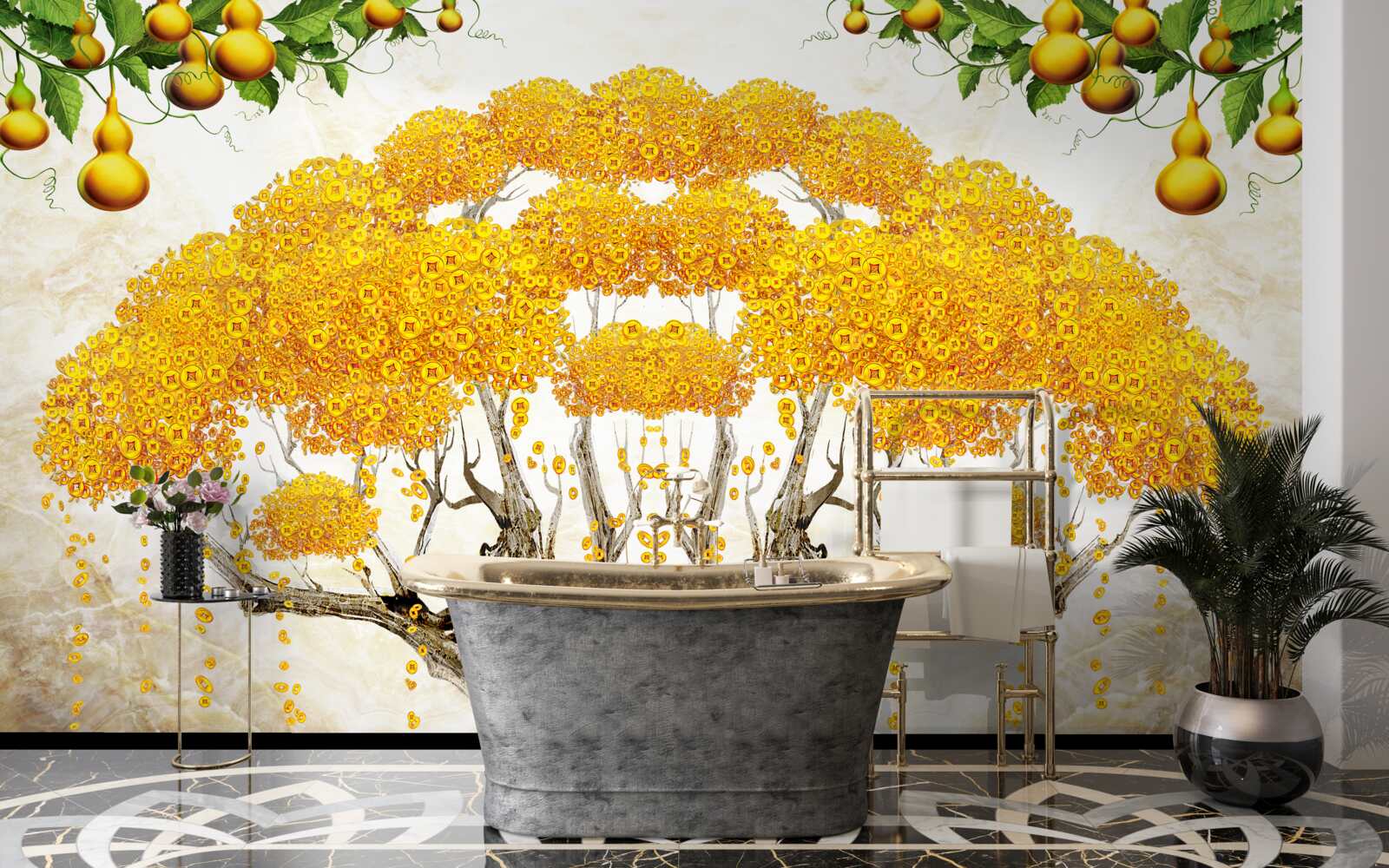 Fototapeta o zachodzie słońca drzewo z żółtą koroną