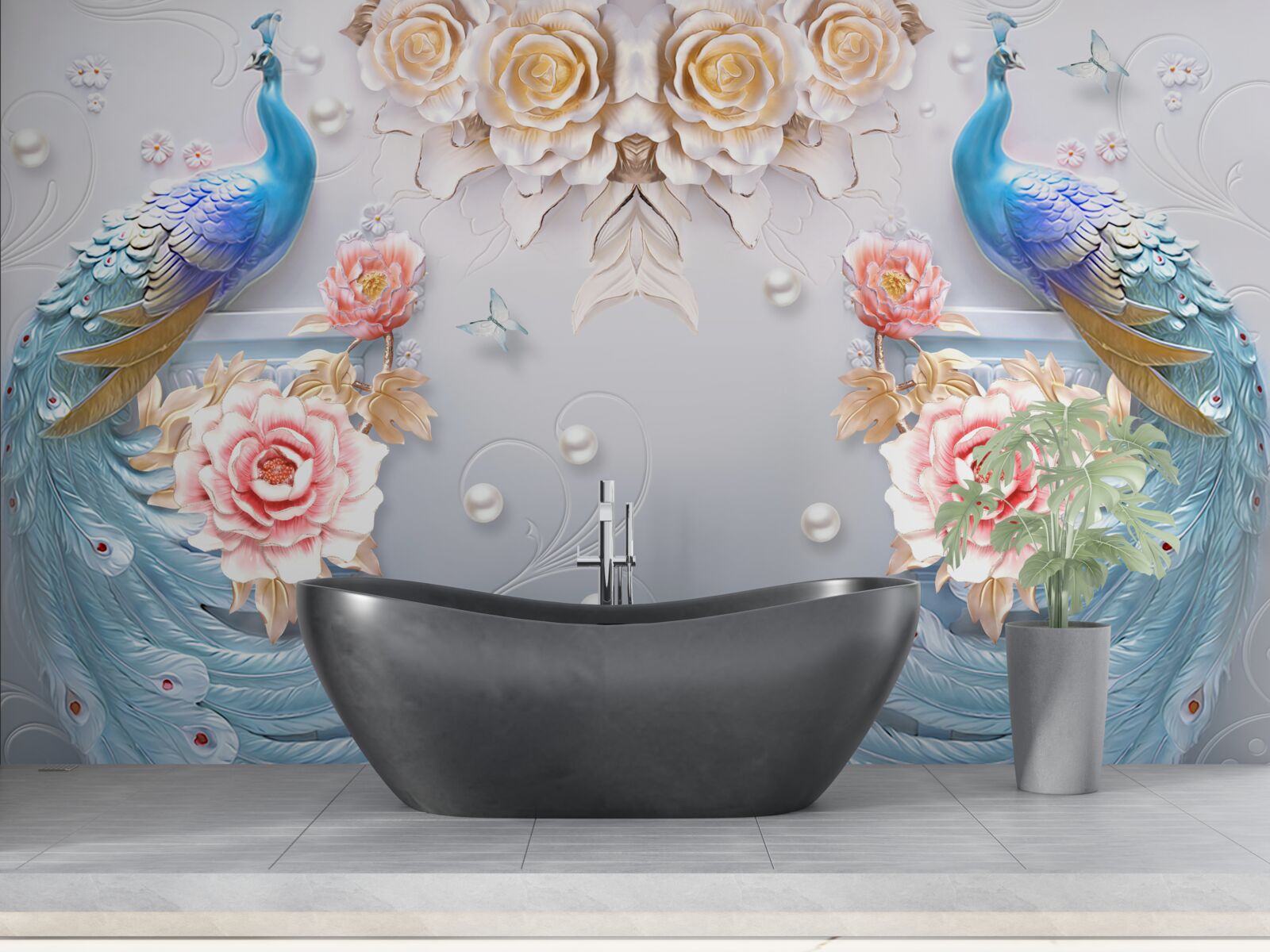 Fototapeta paw i jego partner z różami