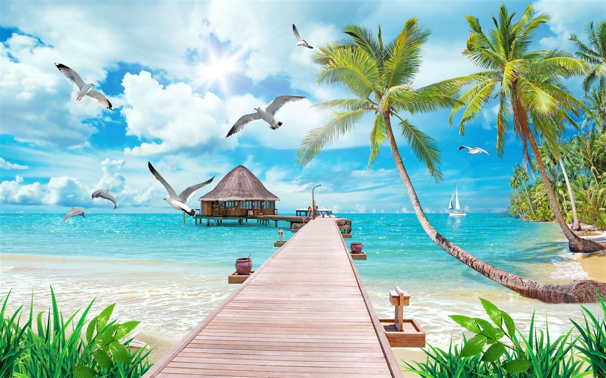 Fototapeta mewy i molo nad morzem