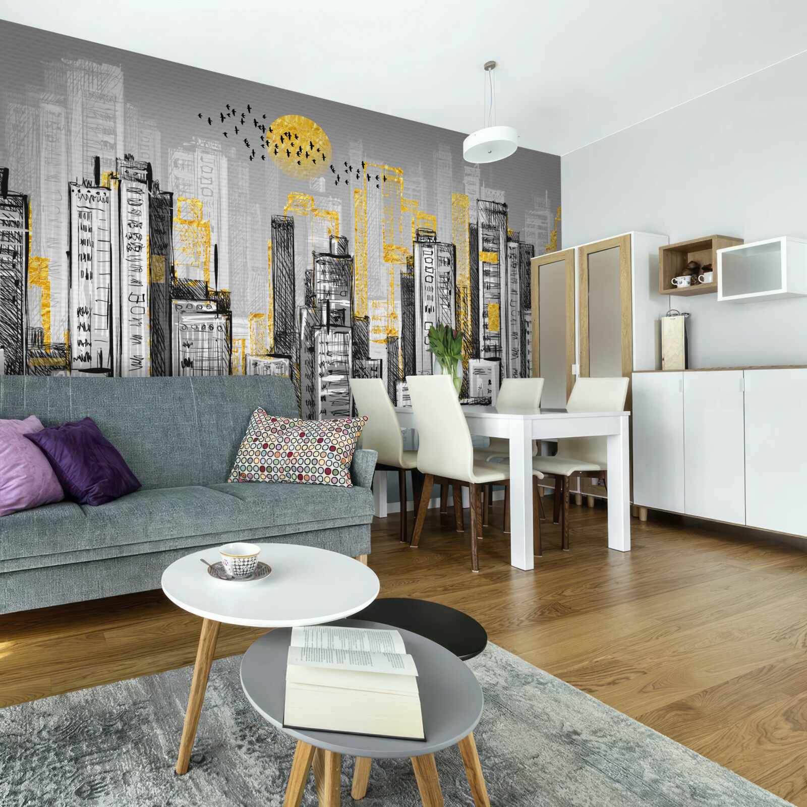 Fototapeta szare miasto w żółtym wieczornym świetle