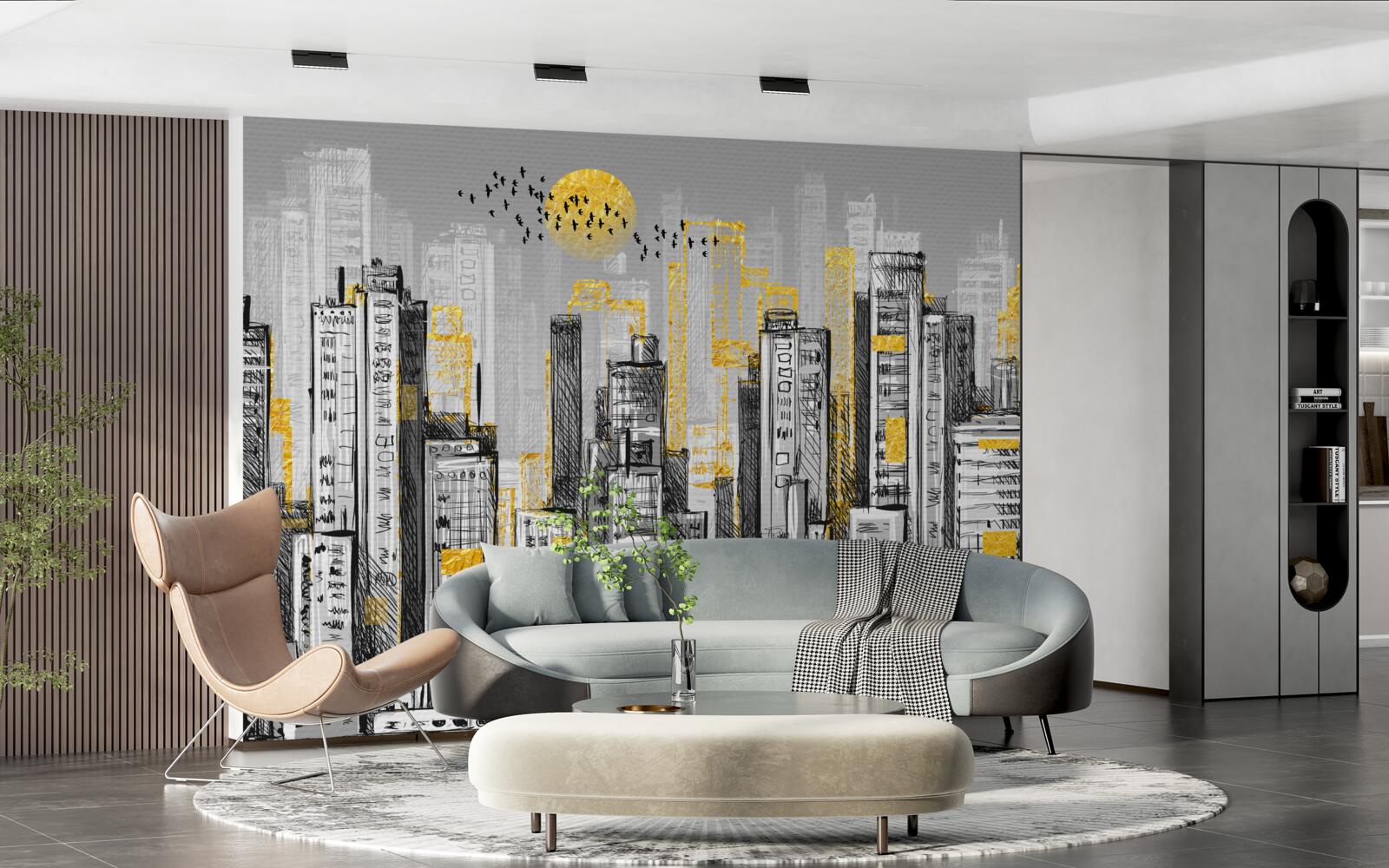 Fototapeta szare miasto w żółtym wieczornym świetle