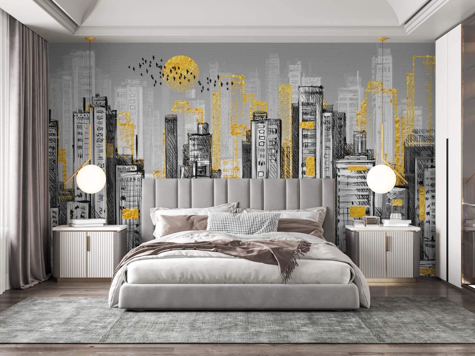 Fototapeta szare miasto w żółtym wieczornym świetle