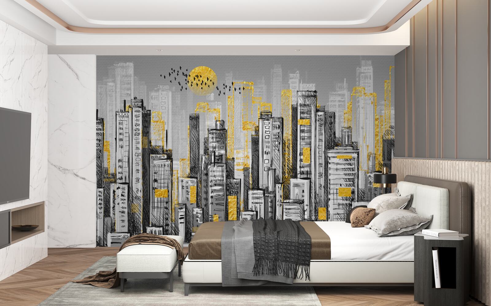 Fototapeta szare miasto w żółtym wieczornym świetle