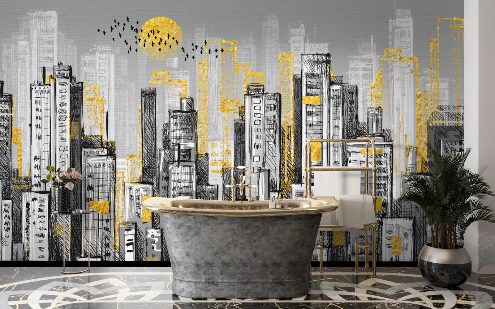 Fototapeta szare miasto w żółtym wieczornym świetle