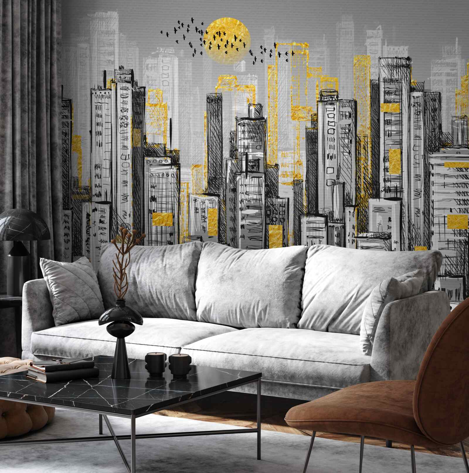 Fototapeta szare miasto w żółtym wieczornym świetle