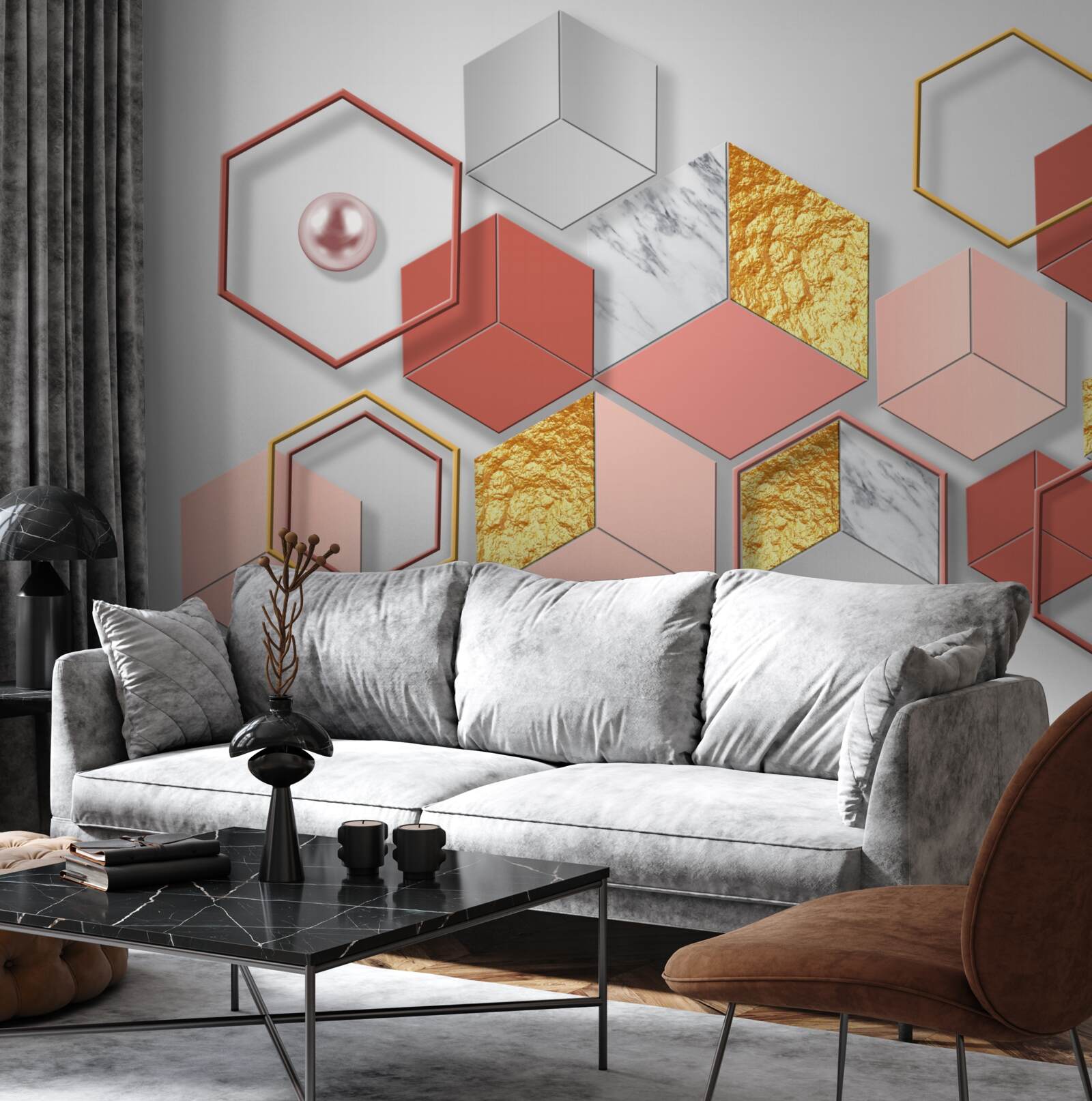 Fototapeta burgundowe pięciokąty o różnej zawartości