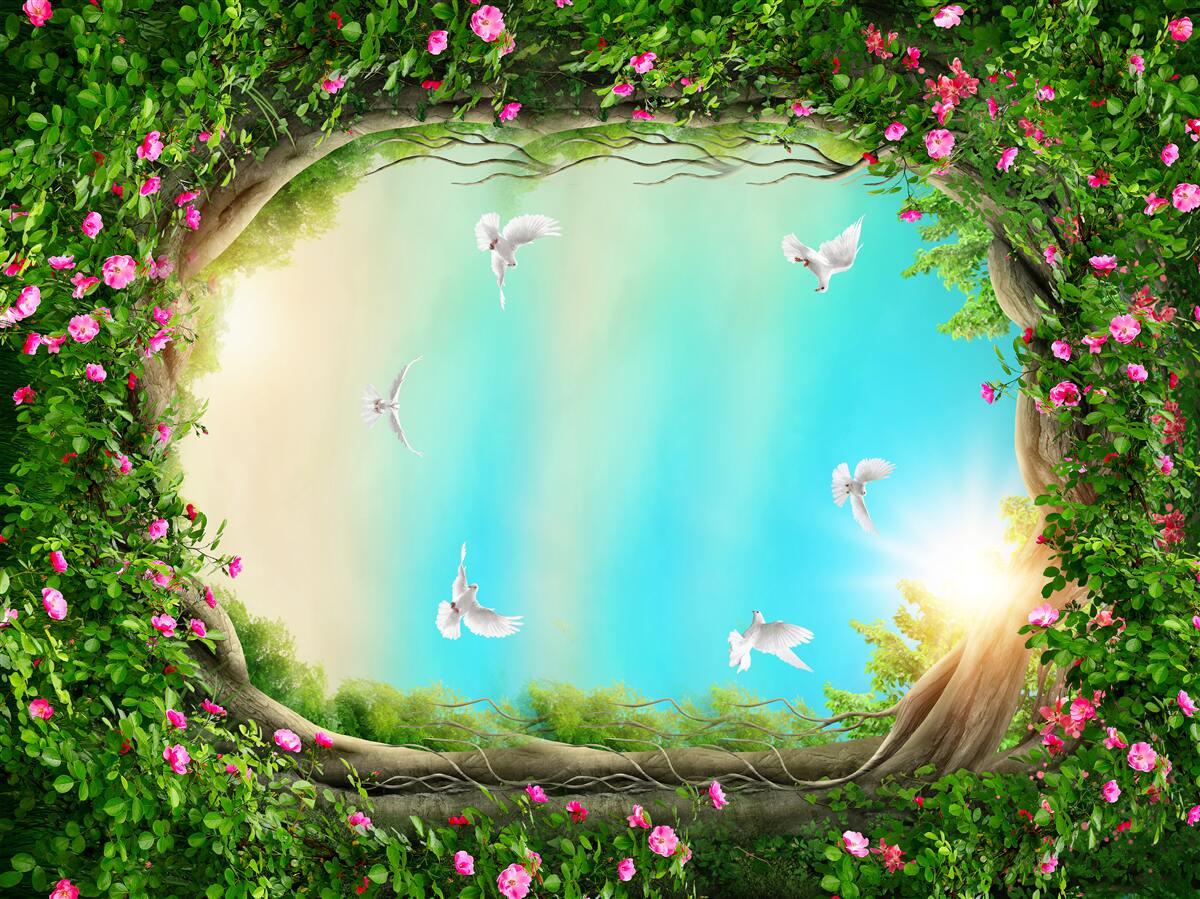 Fototapeta w zielonej ramce kwiatów gołębie szybują po niebie