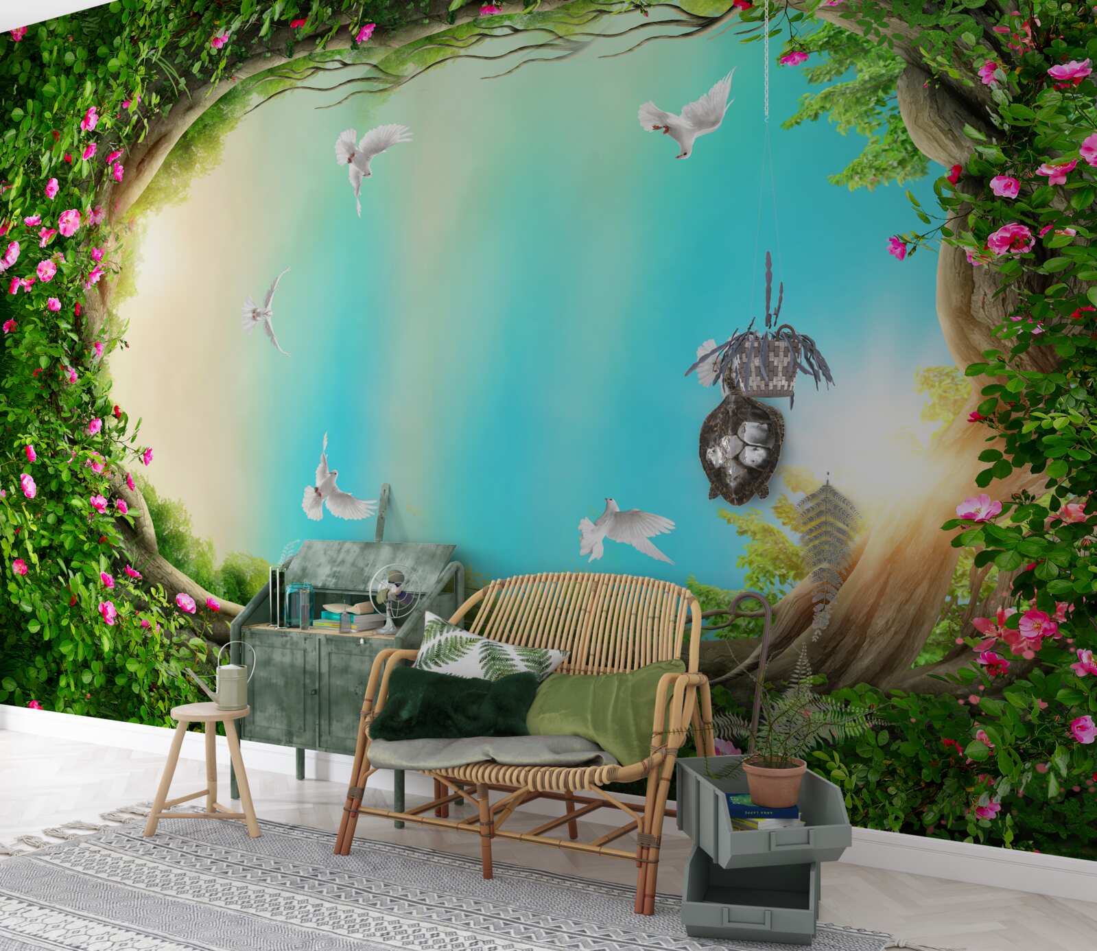 Fototapeta w zielonej ramce kwiatów gołębie szybują po niebie