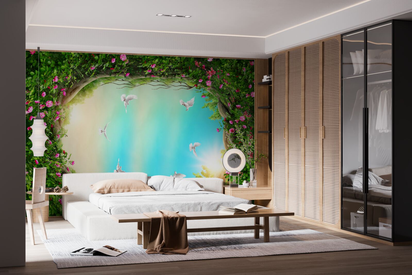 Fototapeta w zielonej ramce kwiatów gołębie szybują po niebie