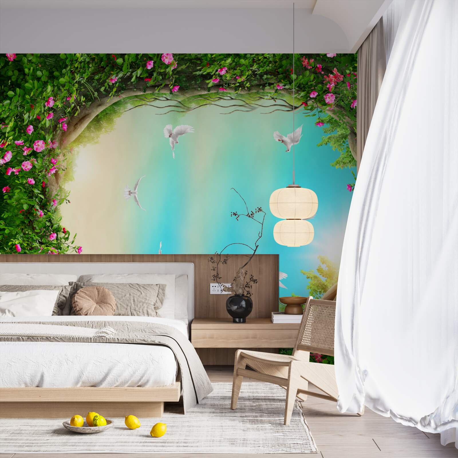 Fototapeta w zielonej ramce kwiatów gołębie szybują po niebie