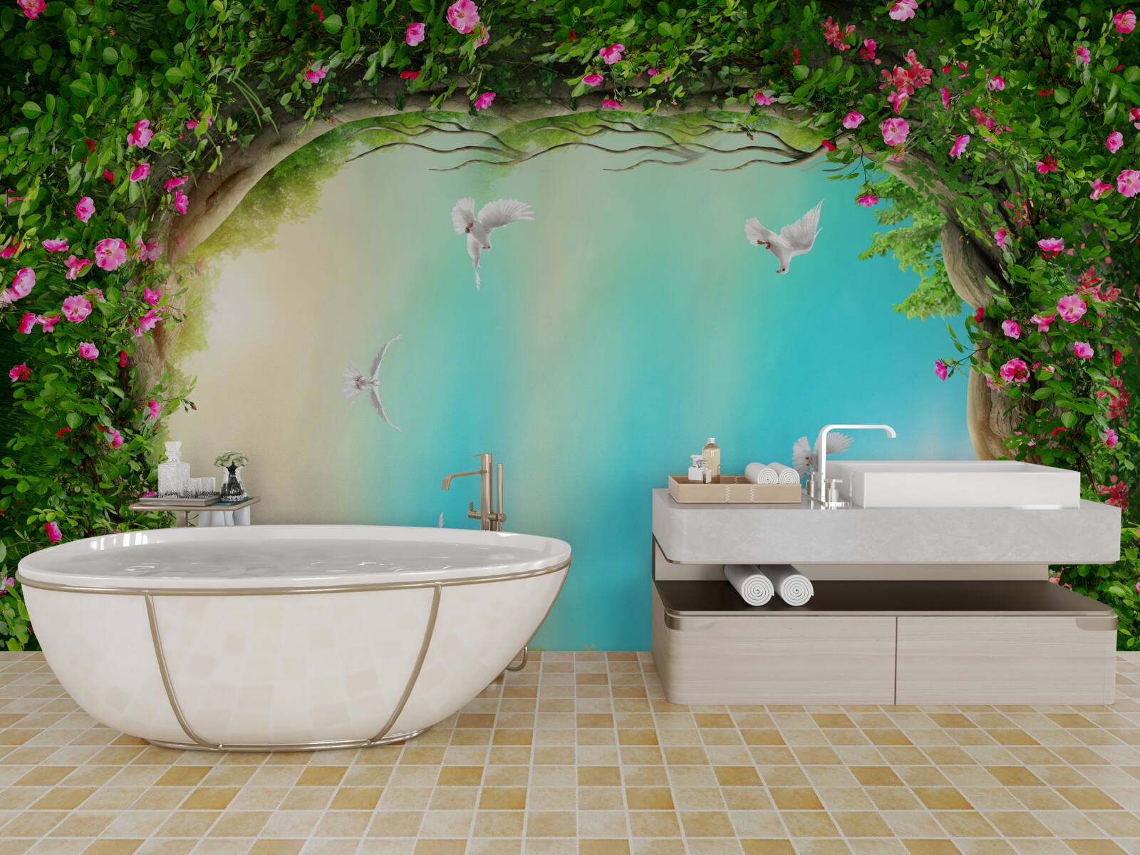 Fototapeta w zielonej ramce kwiatów gołębie szybują po niebie