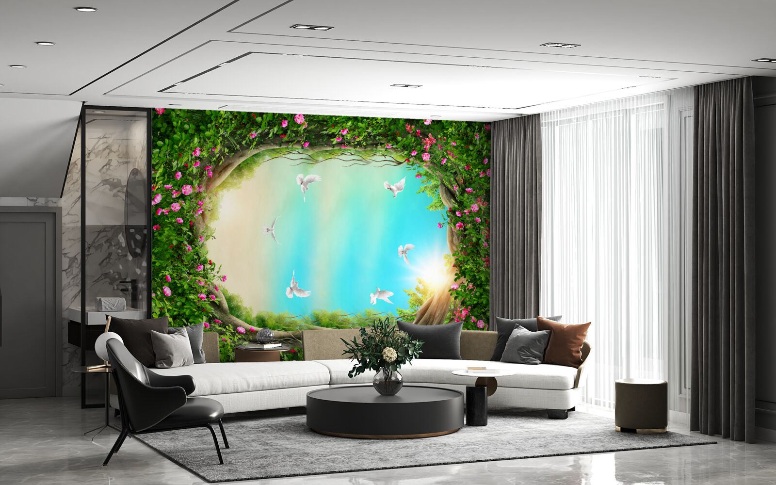 Fototapeta w zielonej ramce kwiatów gołębie szybują po niebie