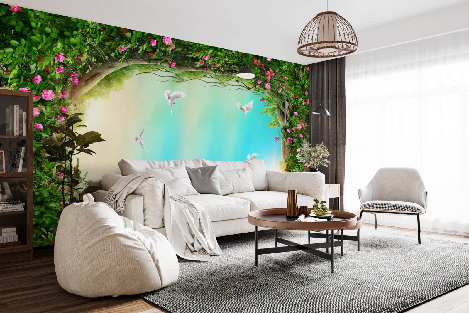 Fototapeta w zielonej ramce kwiatów gołębie szybują po niebie