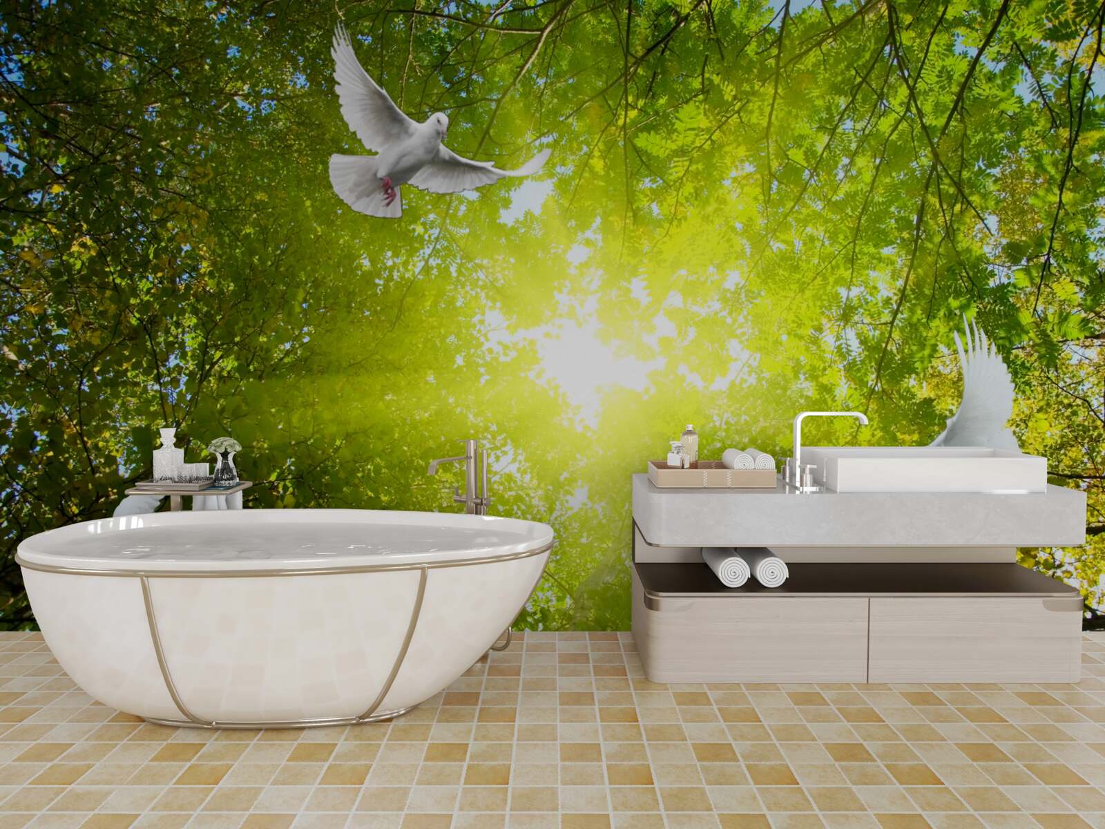 Fototapeta ptaki latają w głębi lasu