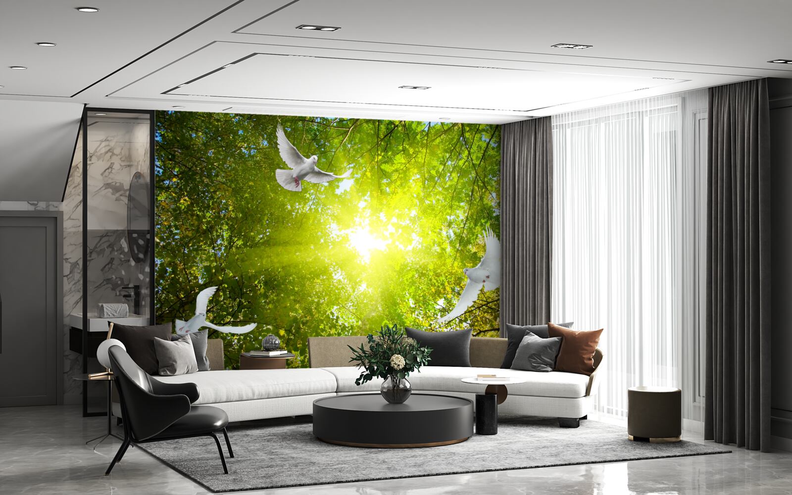 Fototapeta ptaki latają w głębi lasu