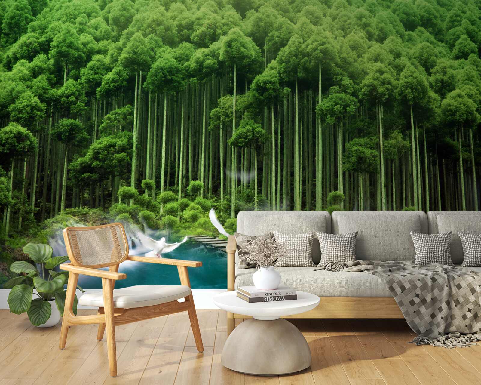 Fototapeta wodopoj w zielonym zaroślu, w którym zebrały się ptaki