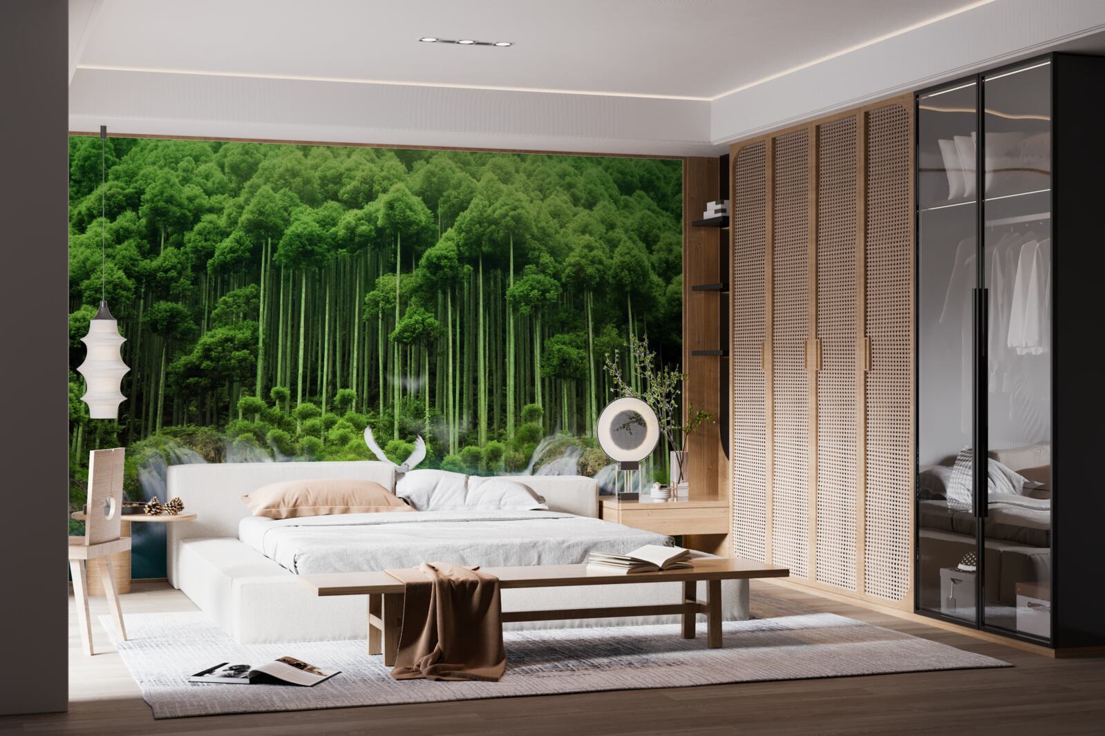 Fototapeta wodopoj w zielonym zaroślu, w którym zebrały się ptaki