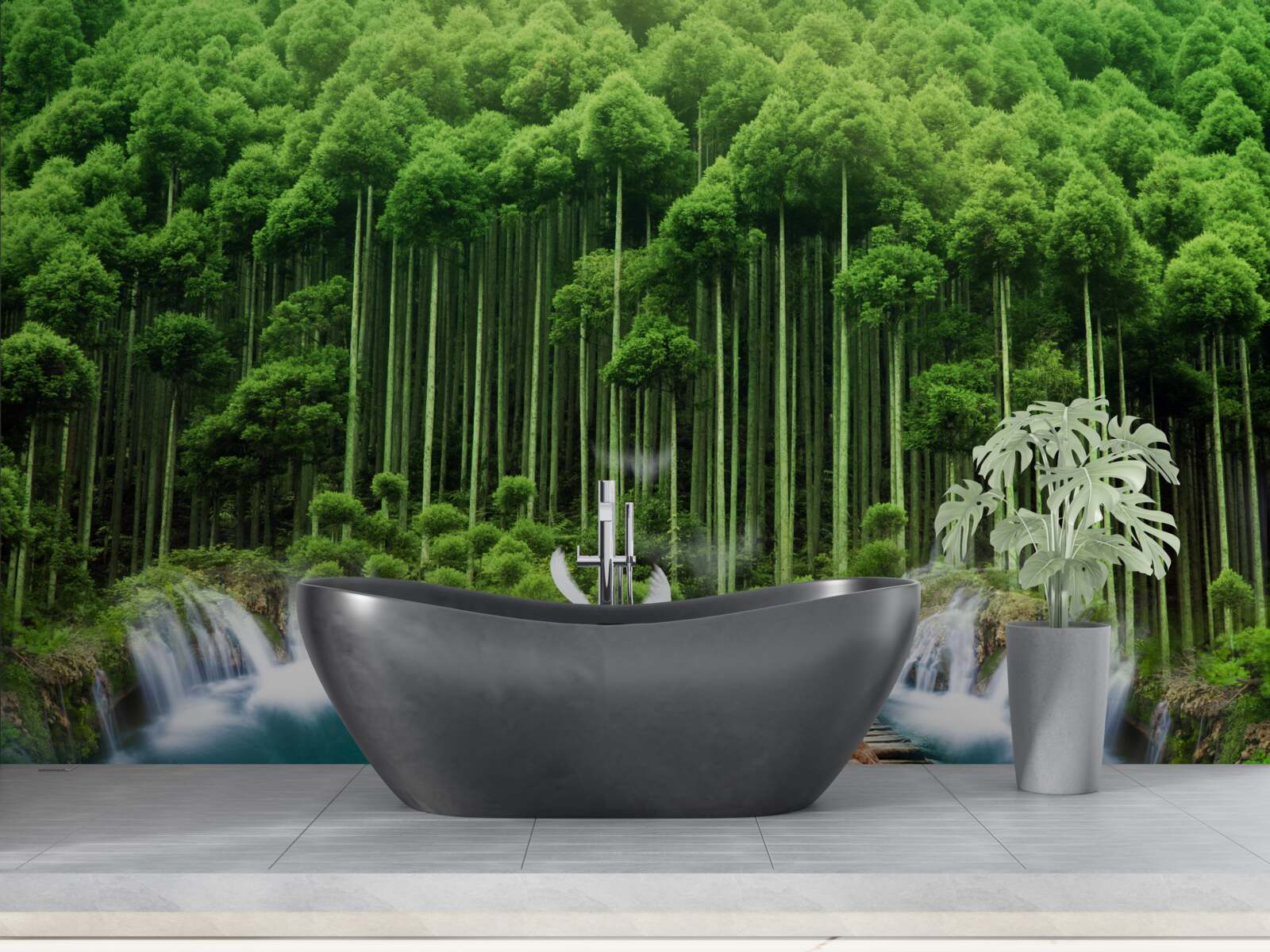 Fototapeta wodopoj w zielonym zaroślu, w którym zebrały się ptaki