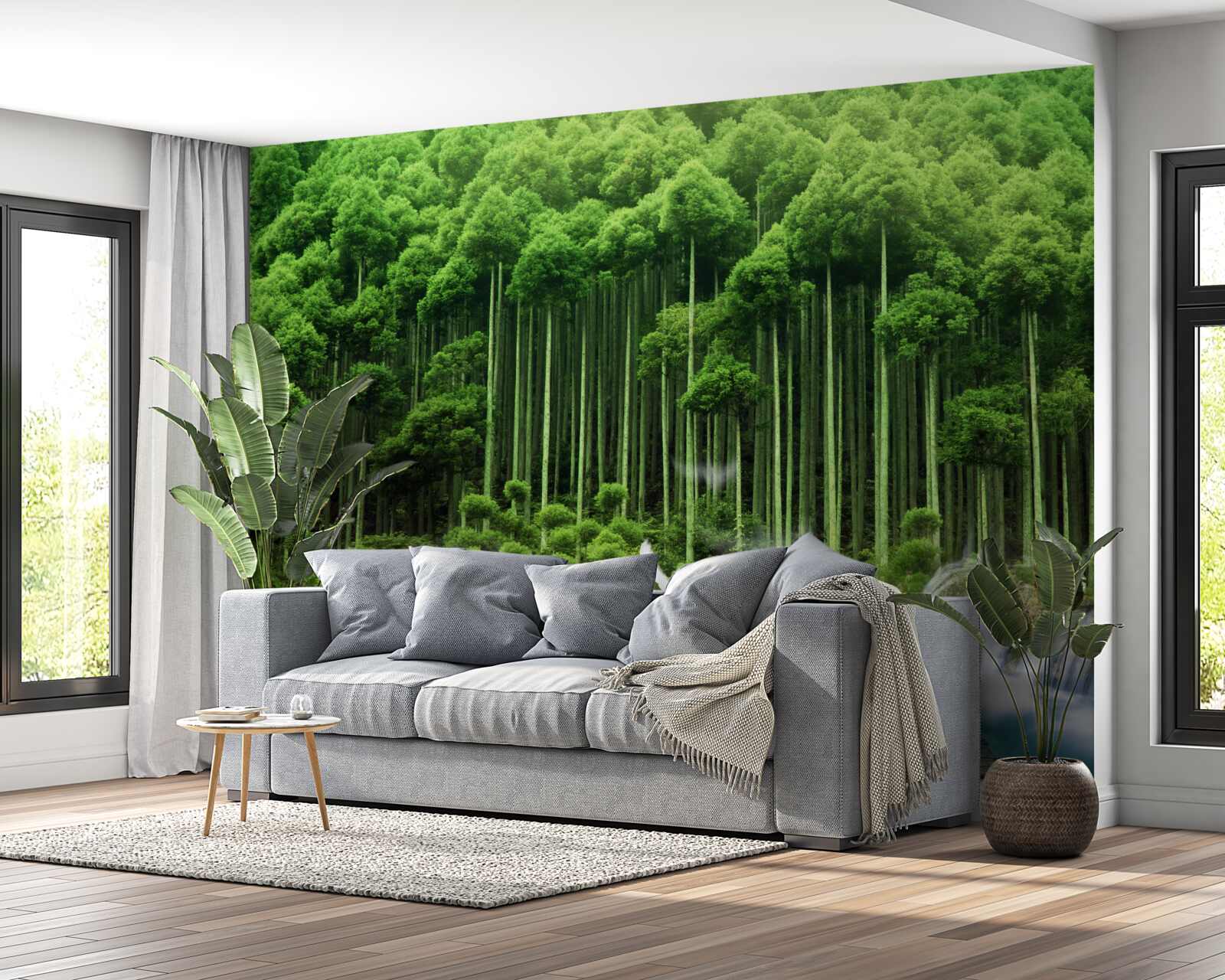 Fototapeta wodopoj w zielonym zaroślu, w którym zebrały się ptaki