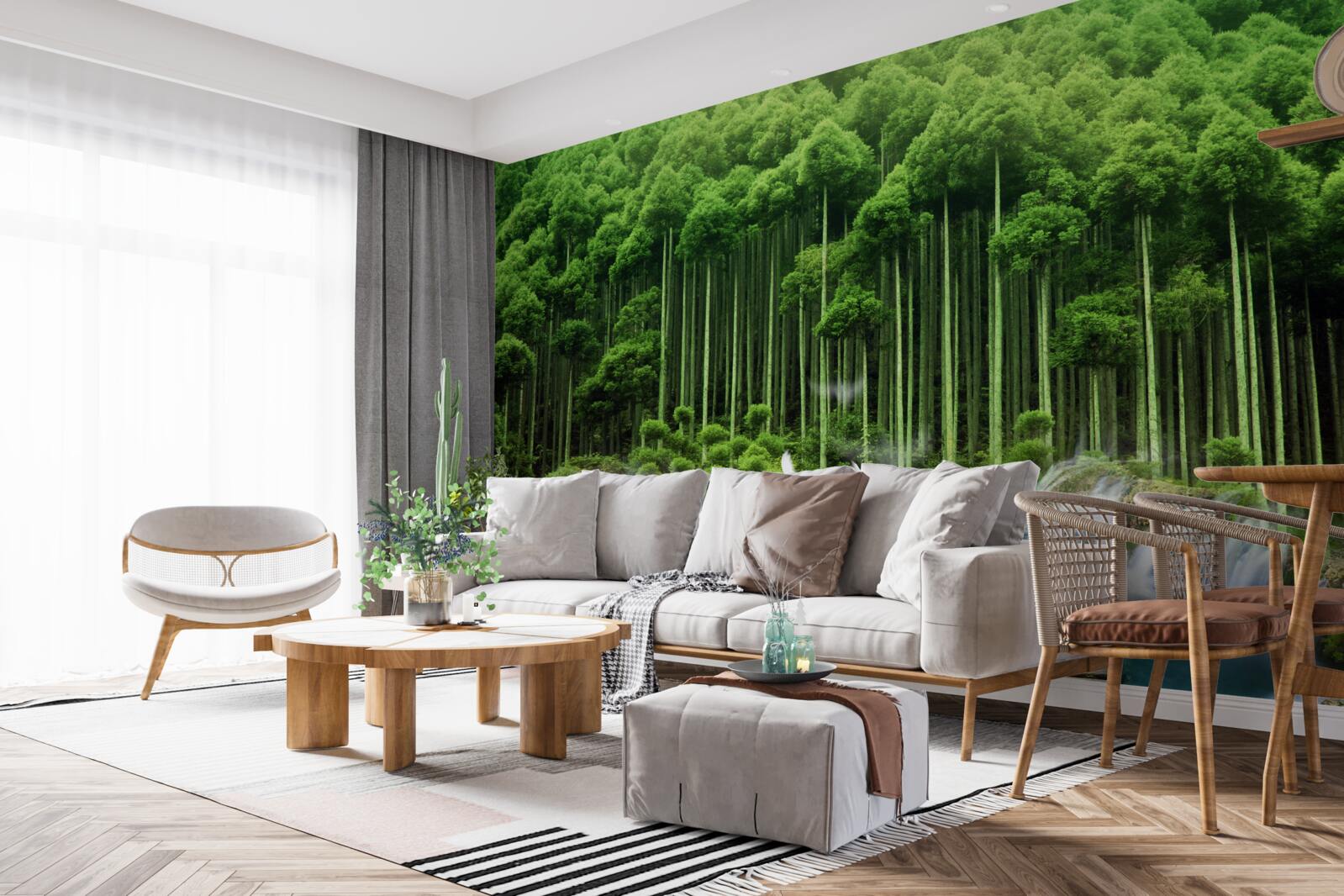 Fototapeta wodopoj w zielonym zaroślu, w którym zebrały się ptaki