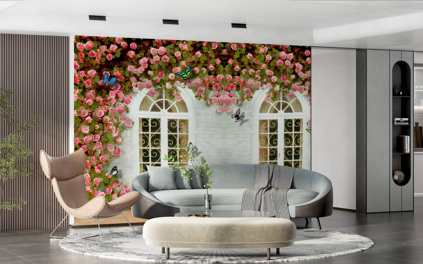 Fototapeta okna otaczają kwitnące róże