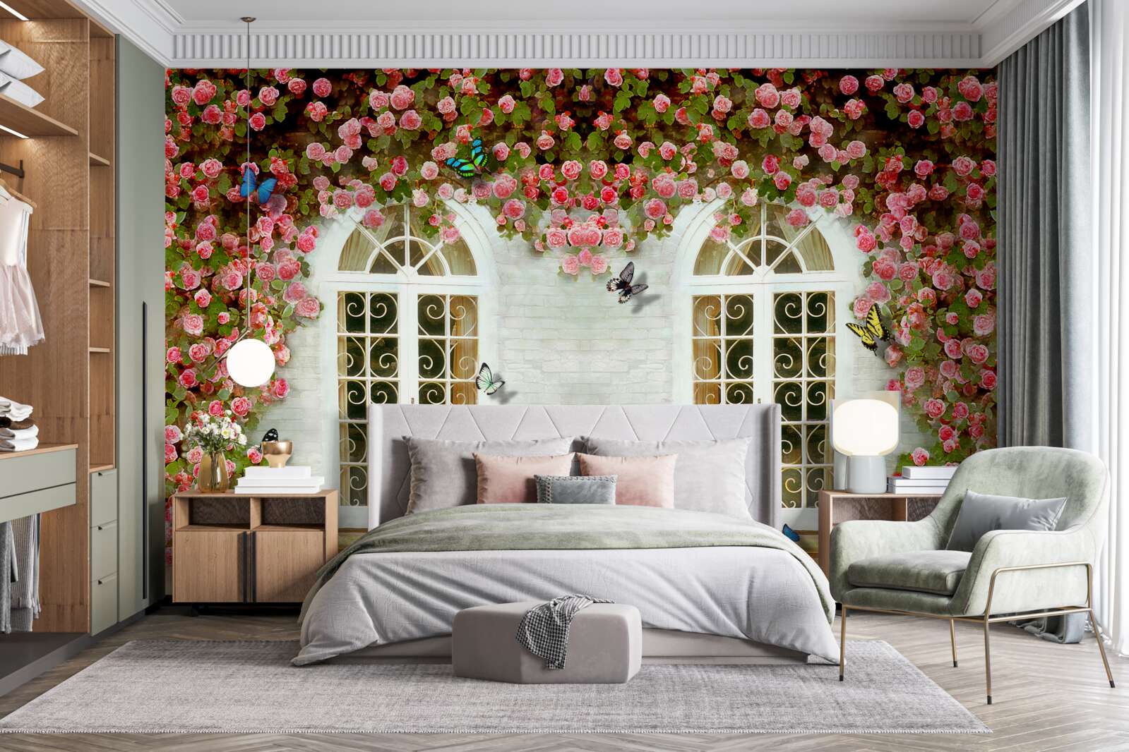 Fototapeta okna otaczają kwitnące róże