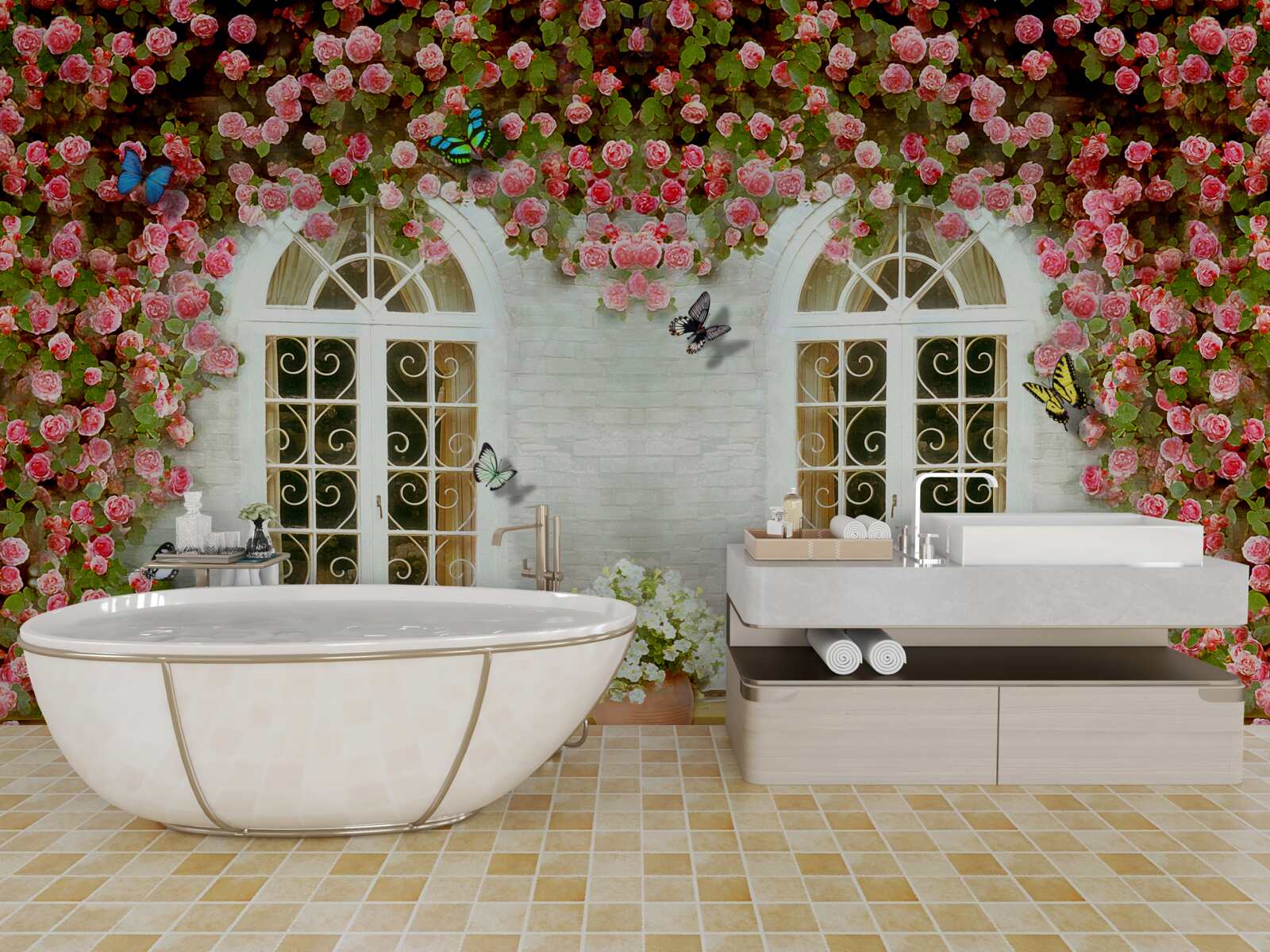 Fototapeta okna otaczają kwitnące róże